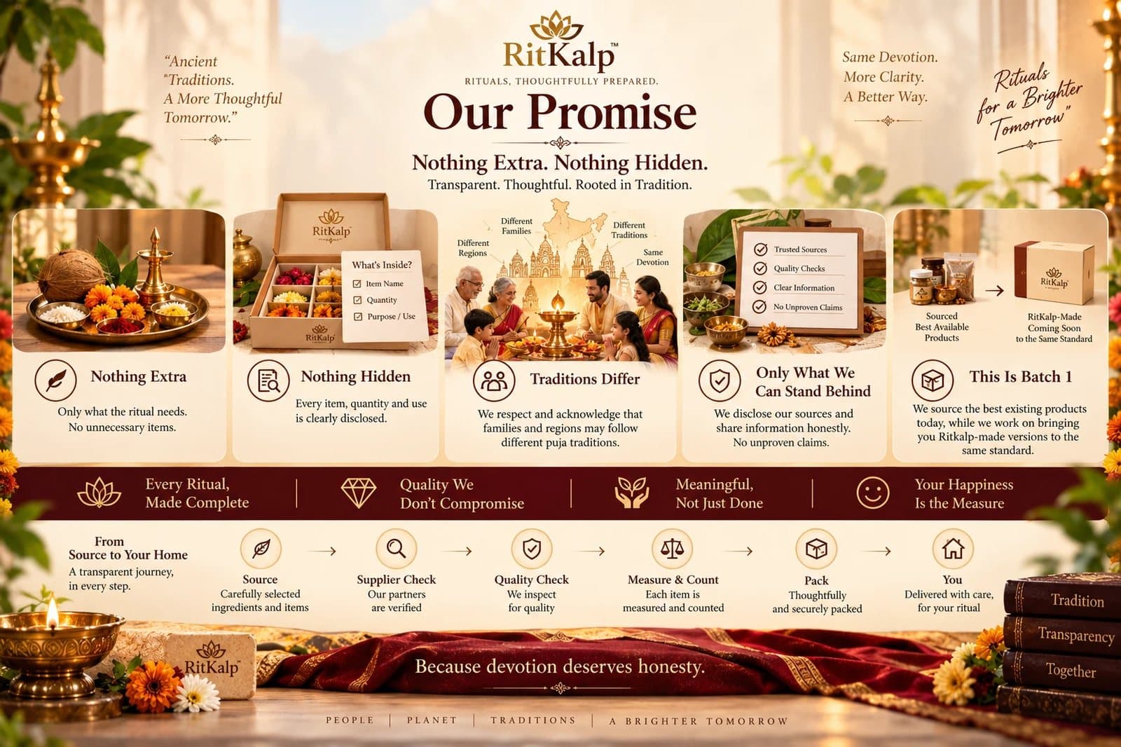 Our Promise: nothing extra, nothing hidden, traditions differ, only what we can stand behind, and this is Batch 1 — from source to your home.